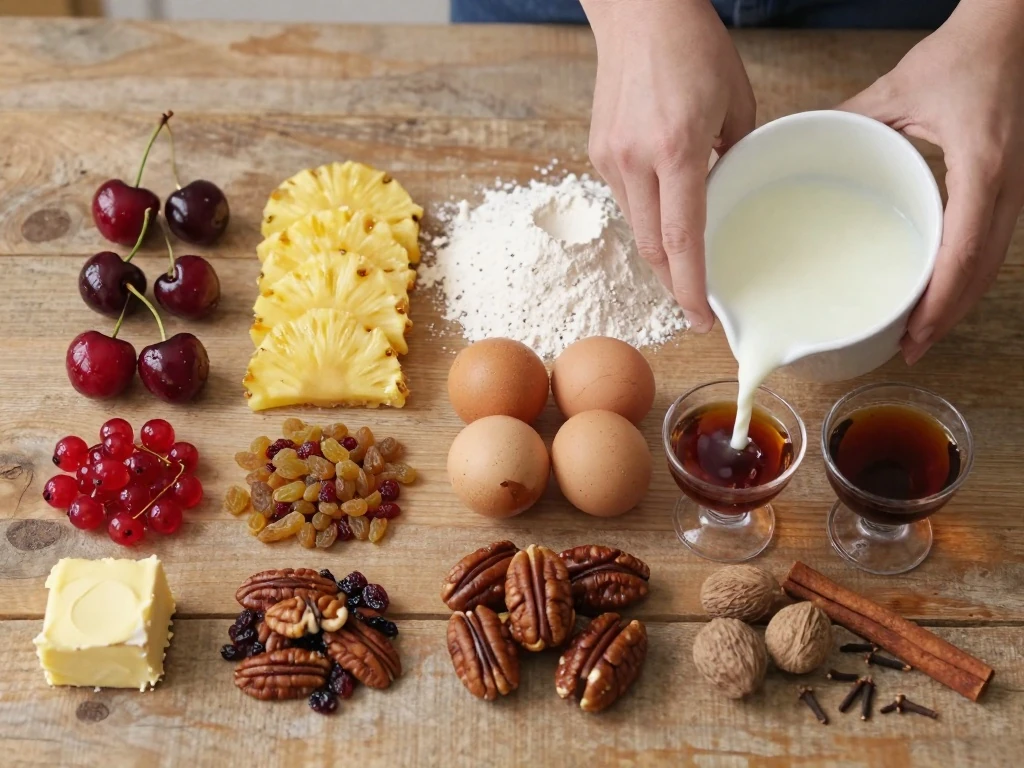 Ingredients for old fashioned fruit cake arranged on a kitchen counter