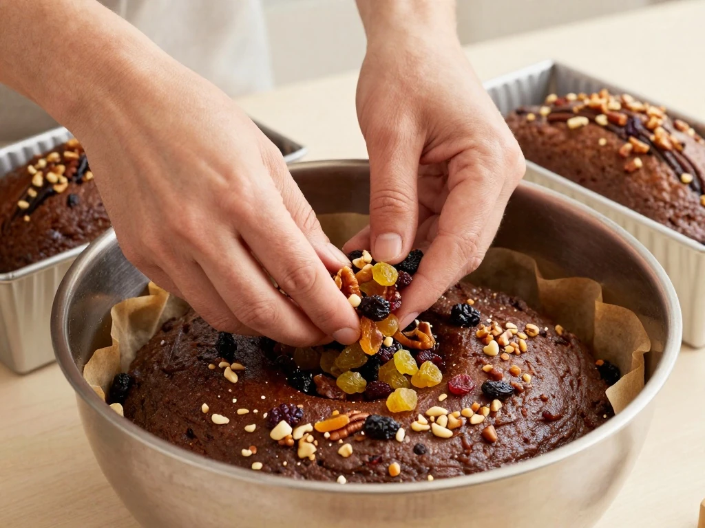Fruit and nuts being folded into old fashioned fruit cake batter