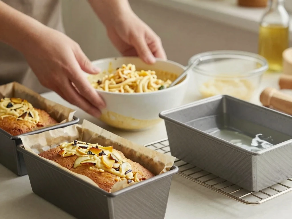 Parchment-lined loaf pans prepared for slow-baked fruit cake