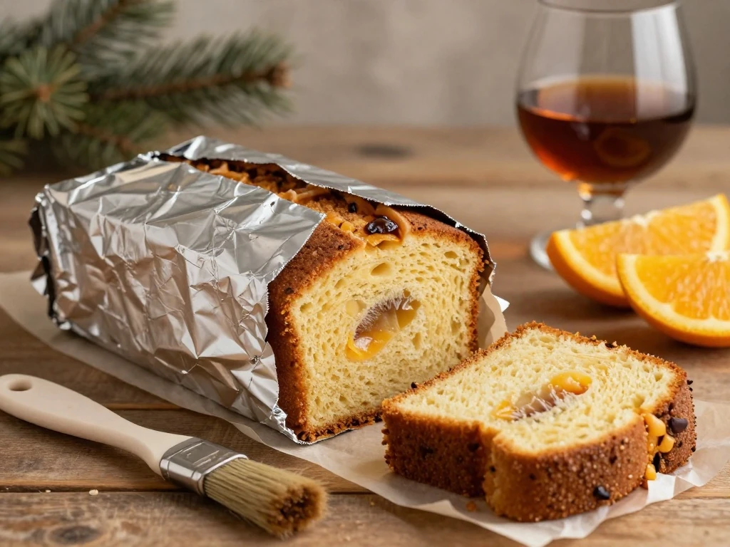 Wrapped old fashioned fruit cake prepared for maturing and serving