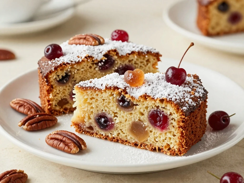 Finished old fashioned fruit cake served in slices for the holidays
