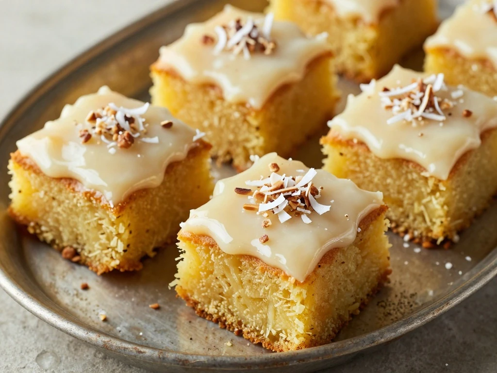 Old fashioned pineapple cake squares with coconut-pecan frosting on a serving platter