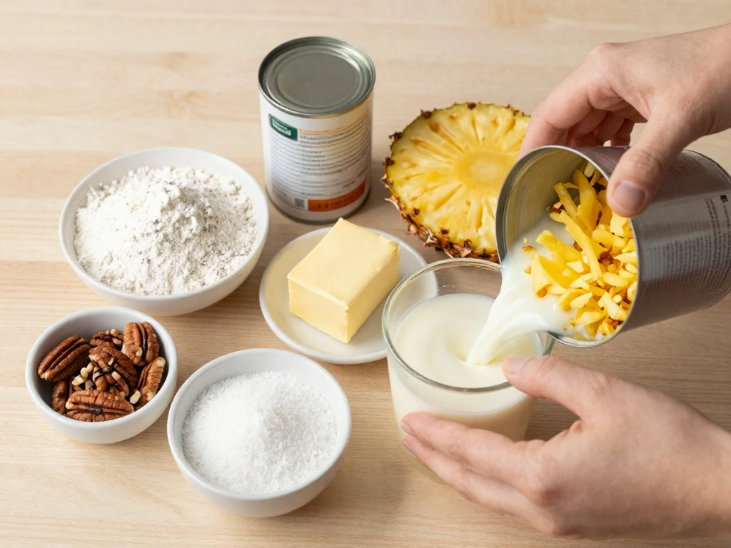 Ingredients for old fashioned pineapple cake and coconut-pecan frosting