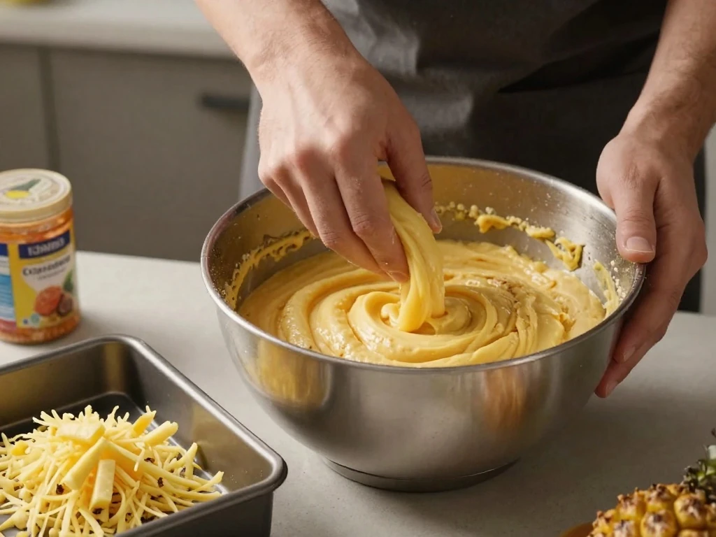 Preparing one-bowl pineapple cake batter before baking