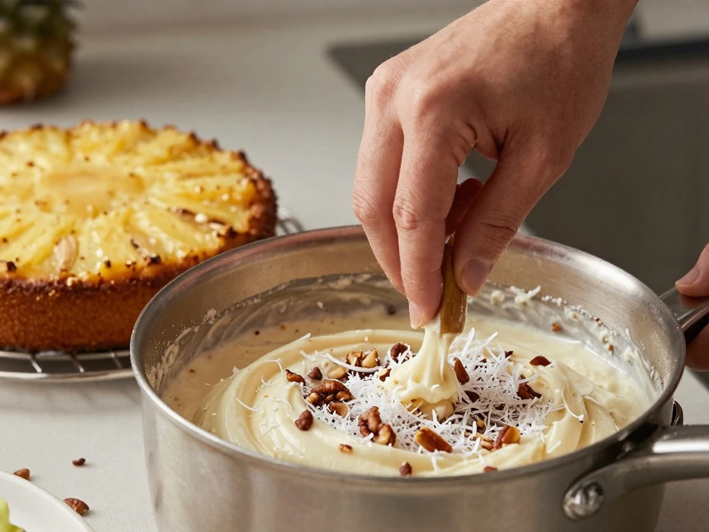 Warm coconut-pecan frosting being prepared for pineapple cake
