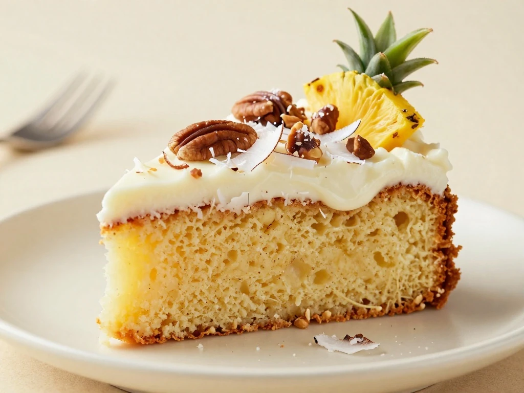 Close-up slice of pineapple cake with coconut, pecans, and pineapple garnish