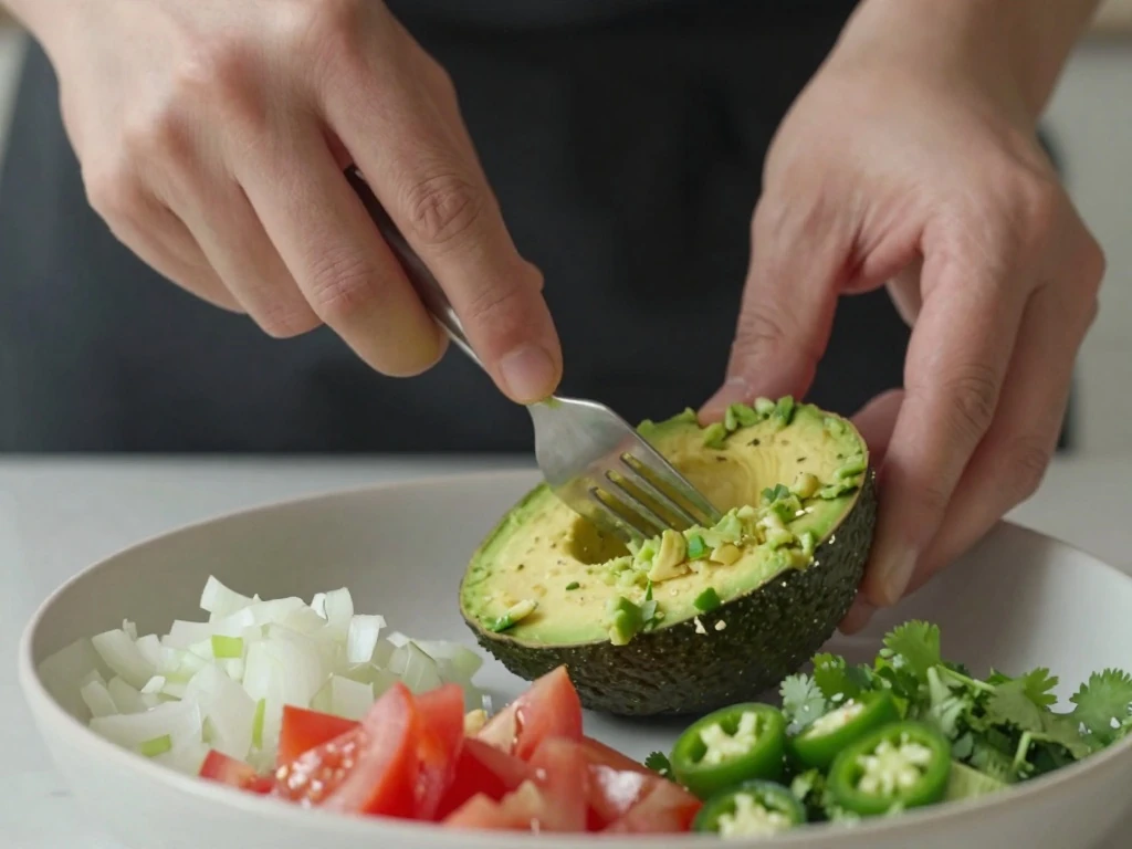 Mashing avocado for chunky Key lime guacamole