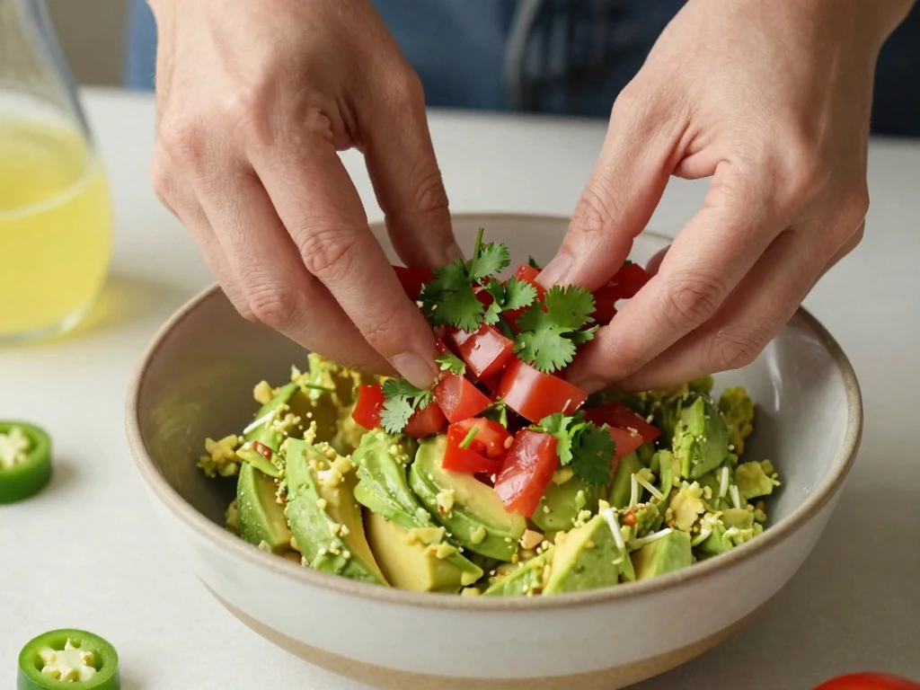 Gently folding vegetables into chunky guacamole
