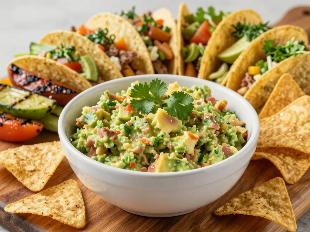 Key lime guacamole served with chips, tacos, and grilled vegetables