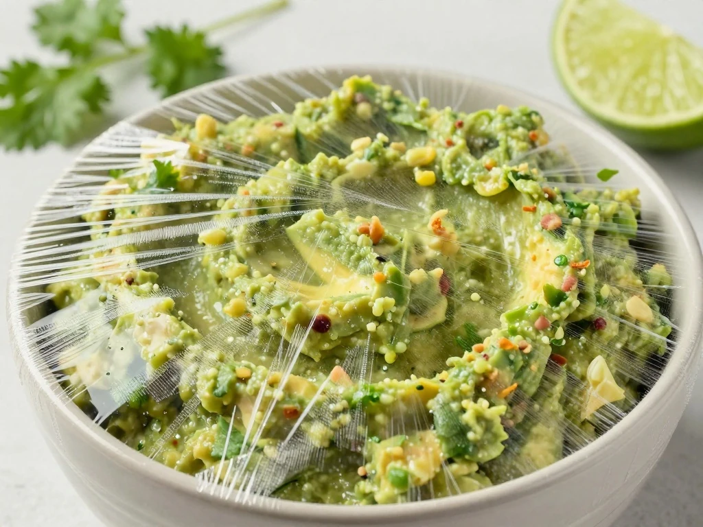 Guacamole covered to slow browning before serving
