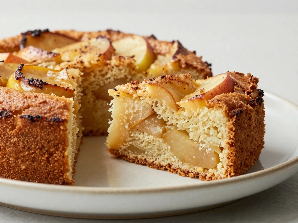 Square slices of moist homemade one bowl apple cake with visible baked apples