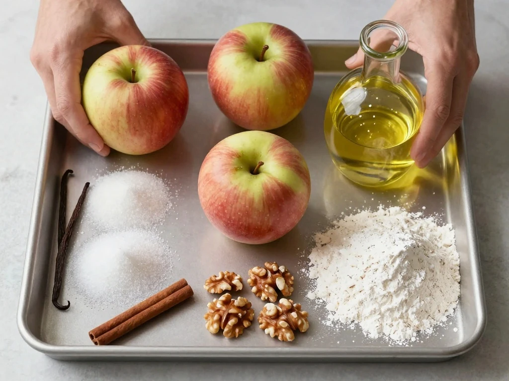 Ingredients for an easy one bowl apple cake arranged on a kitchen counter