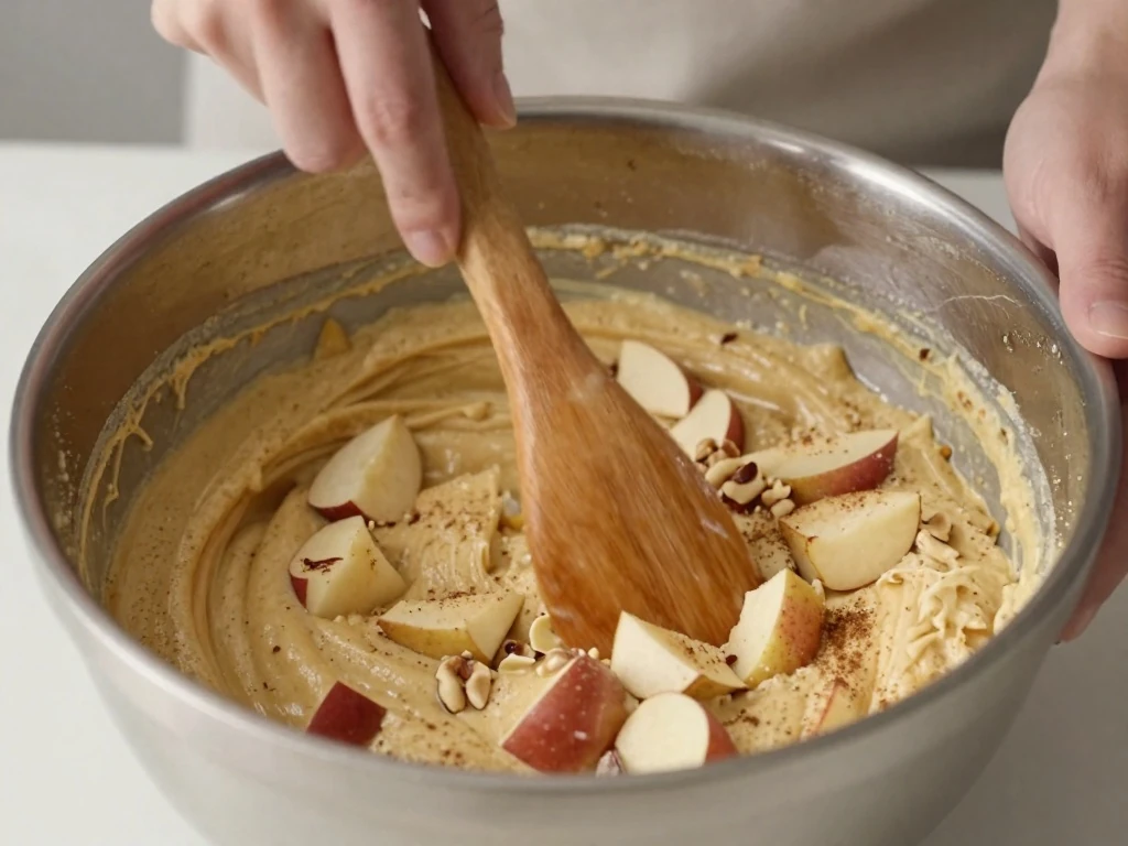 Thick apple cake batter being folded with chopped apples in one bowl