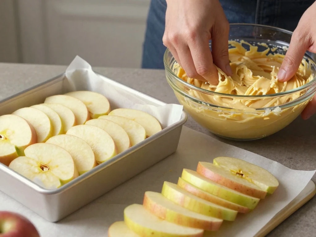 Thinly sliced apples and thick batter prepared for a tender apple cake