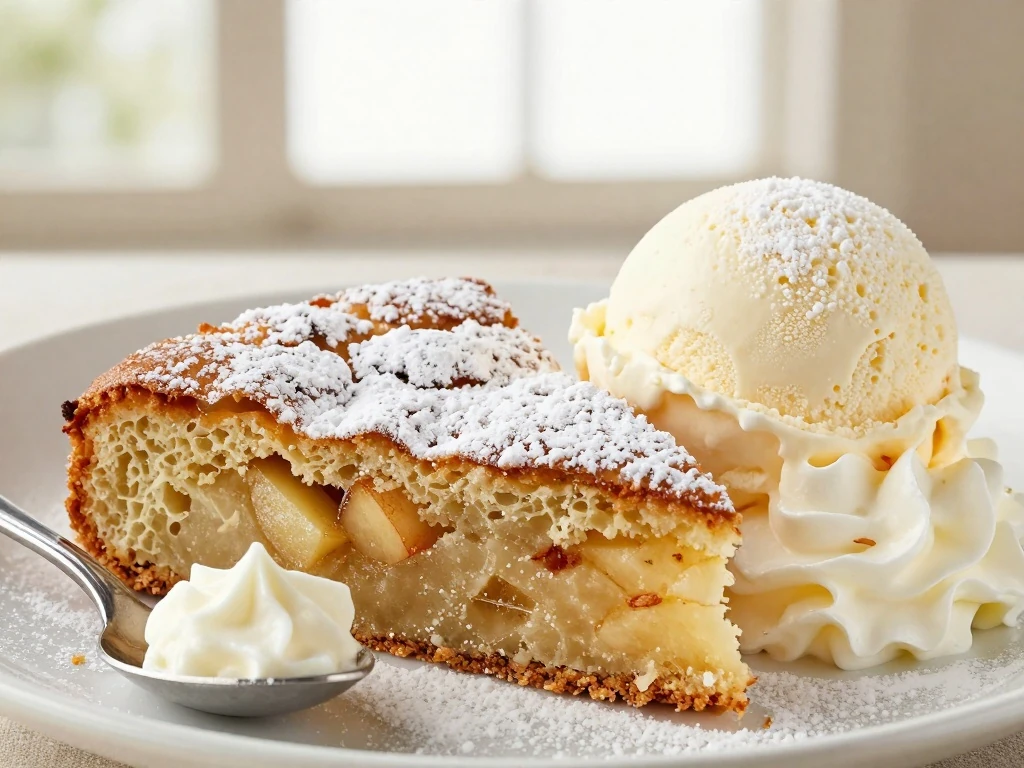 Apple cake slice dusted with powdered sugar and served with vanilla ice cream
