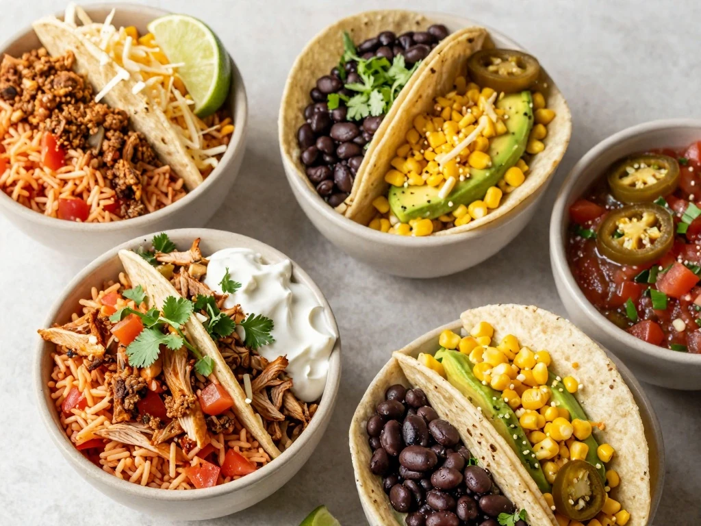 Four bowls of one-pot spicy turkey rice taco bowl with colorful toppings