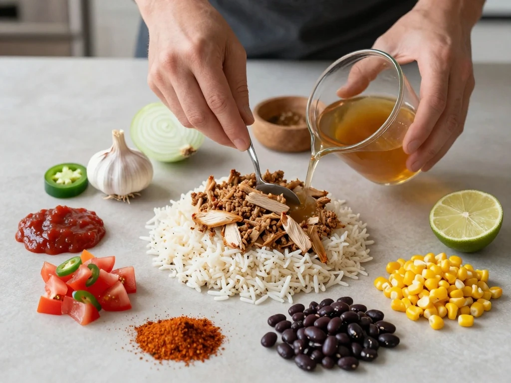Ingredients for one-pot spicy turkey rice taco bowls