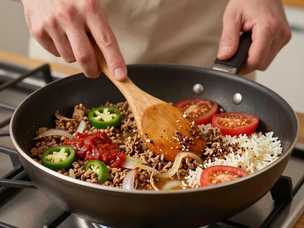 Turkey and rice taco bowl mixture cooking in a deep skillet