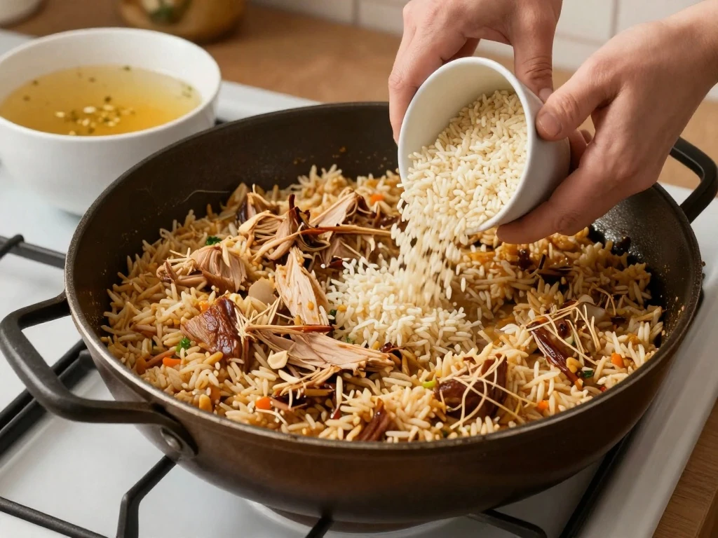 Covered skillet simmering turkey taco rice for tender grains