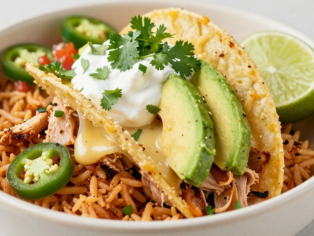 Close-up of taco bowl toppings including avocado, cheese, cilantro, and jalapeño