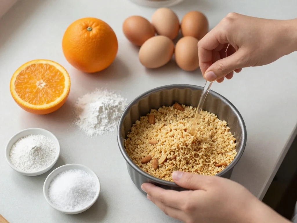 Ingredients for whole orange almond cake arranged on a counter