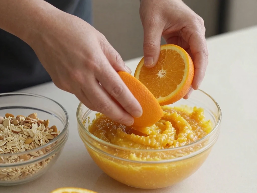 Softened whole oranges being puréed for an orange cake