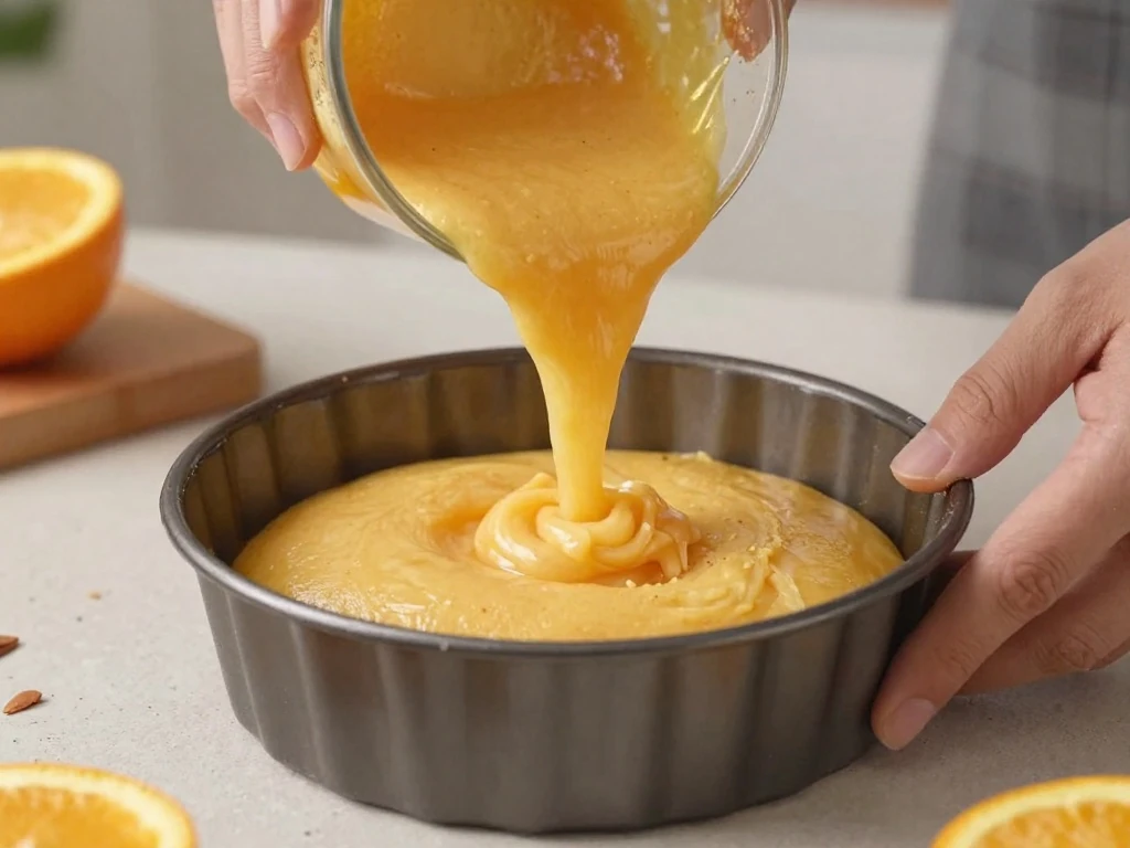 Orange almond cake batter being poured into a lined cake pan