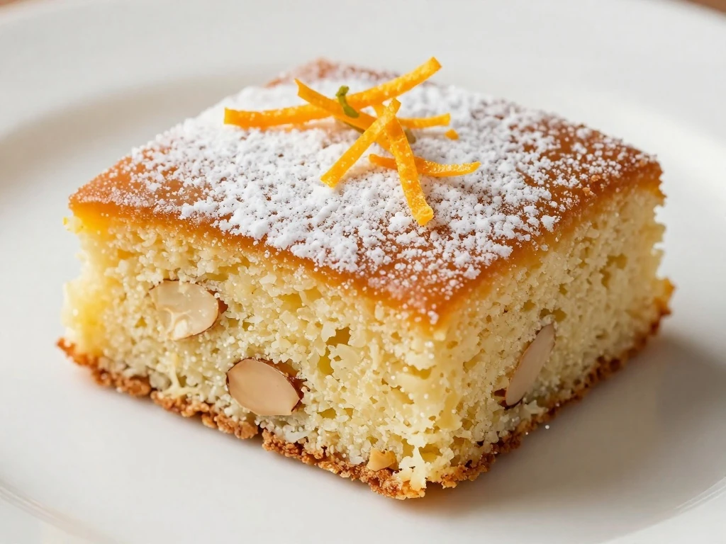 Close-up slice of moist orange cake with icing sugar and zest