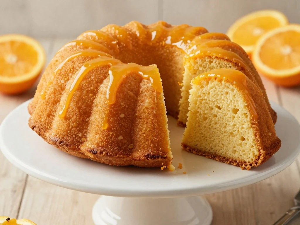 Sliced orange pound cake with glossy orange glaze on a cake stand