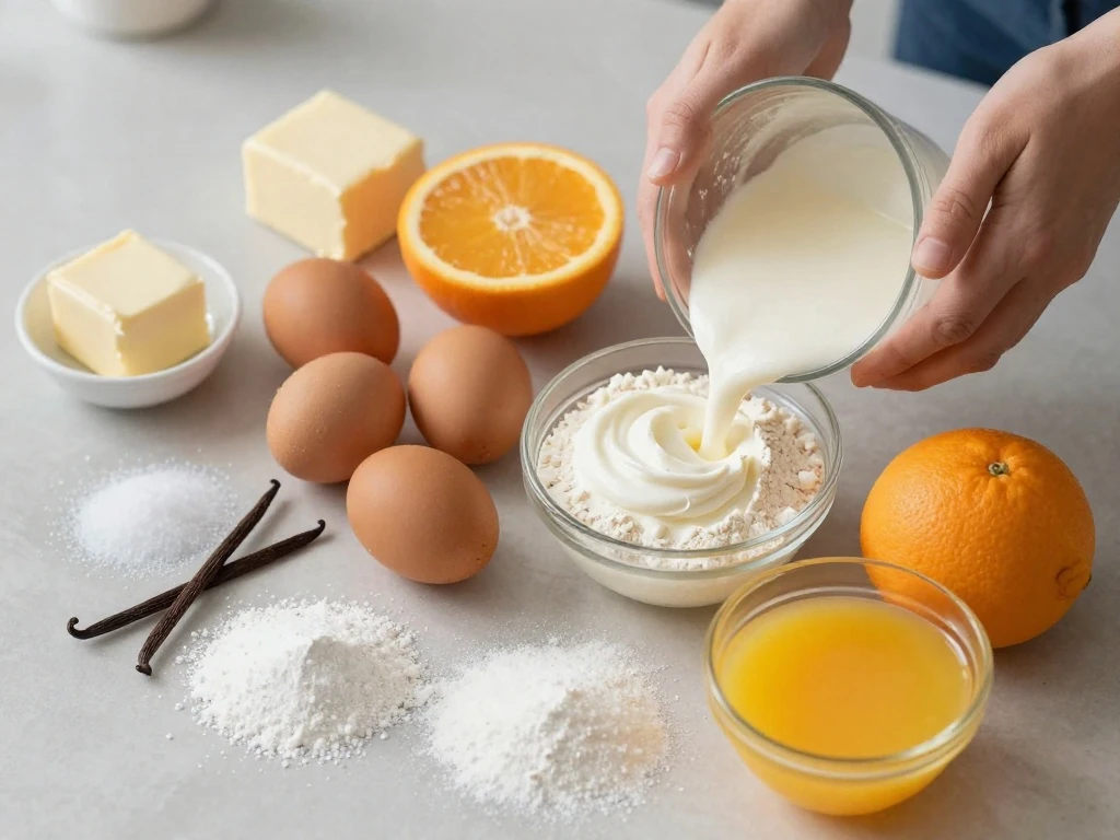 Ingredients for homemade orange pound cake arranged on a kitchen counter