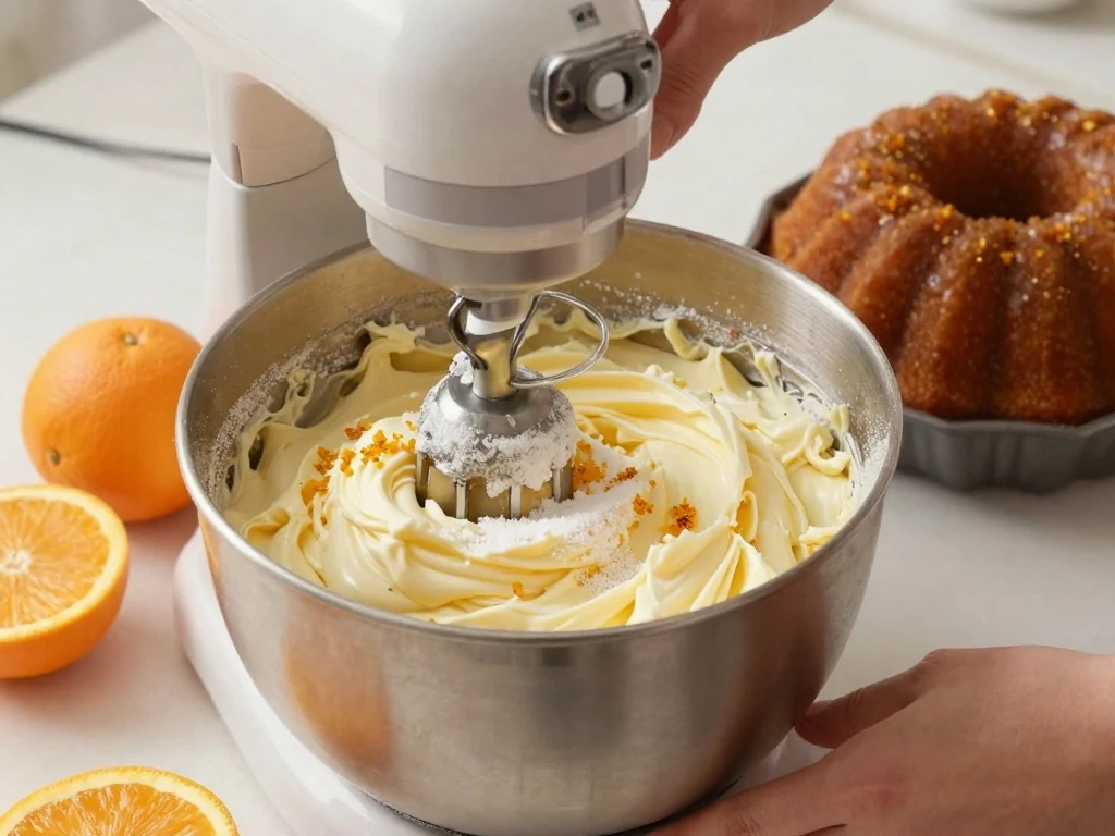 Butter and sugar being creamed for an orange pound cake