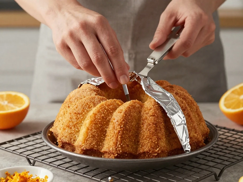 Testing an orange pound cake for doneness with a skewer