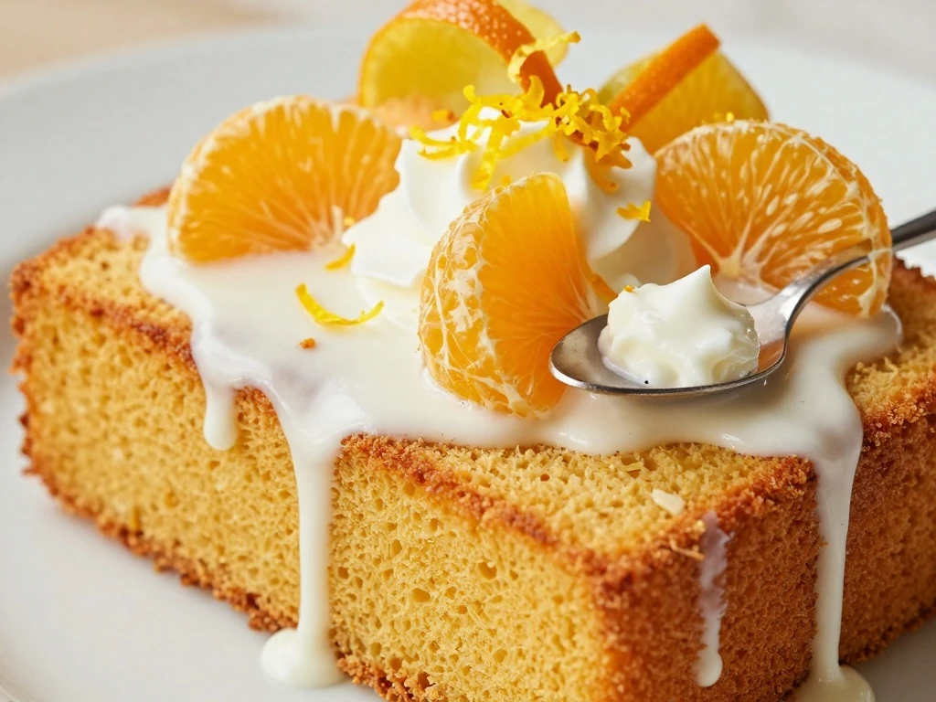 Orange pound cake slices garnished with orange zest and citrus
