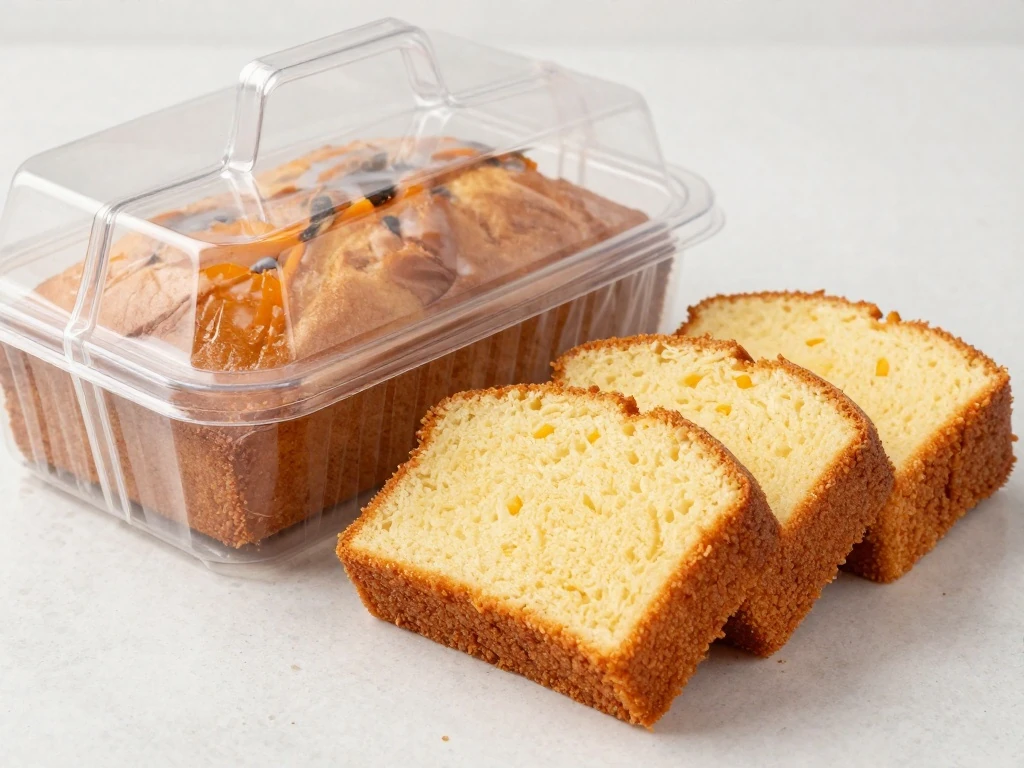 Stored orange pound cake slices in a covered cake container