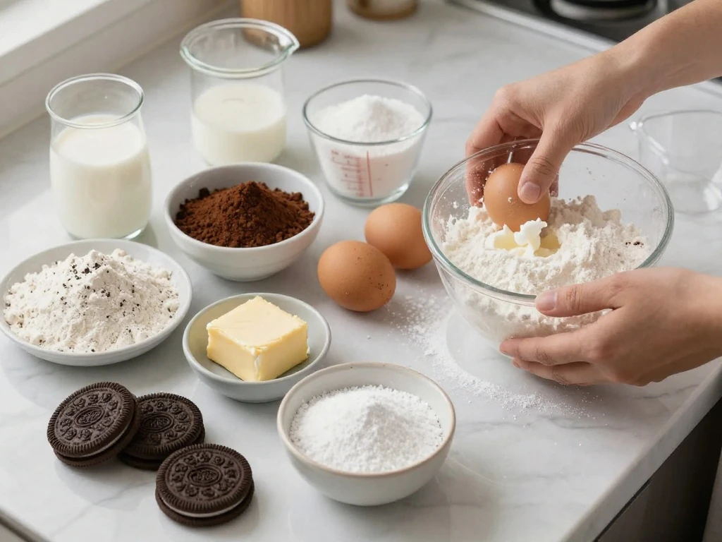Ingredients for homemade chocolate Oreo cake and Oreo buttercream