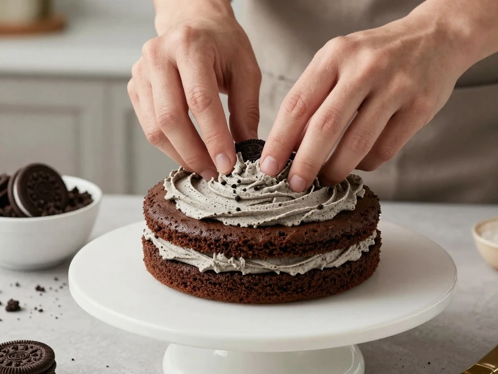 Assembling chocolate cake layers with Oreo buttercream