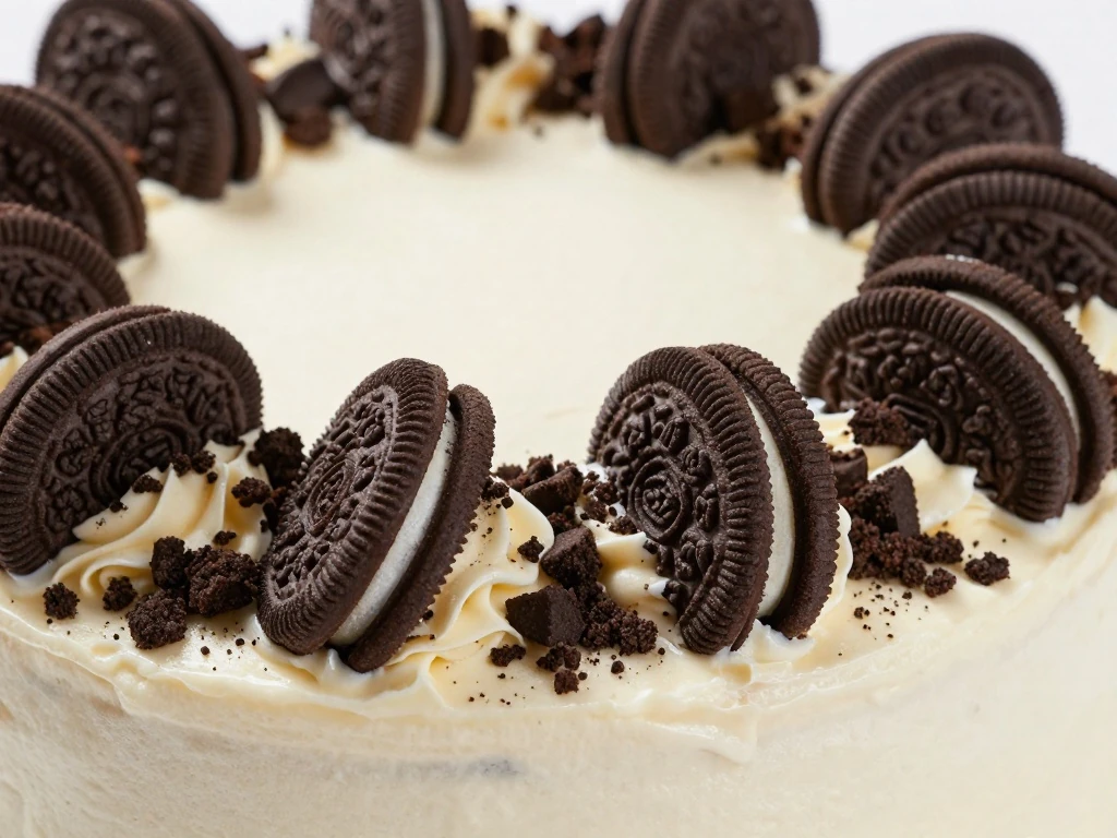 Oreo crumbs and cookies decorating the top of an Oreo cake