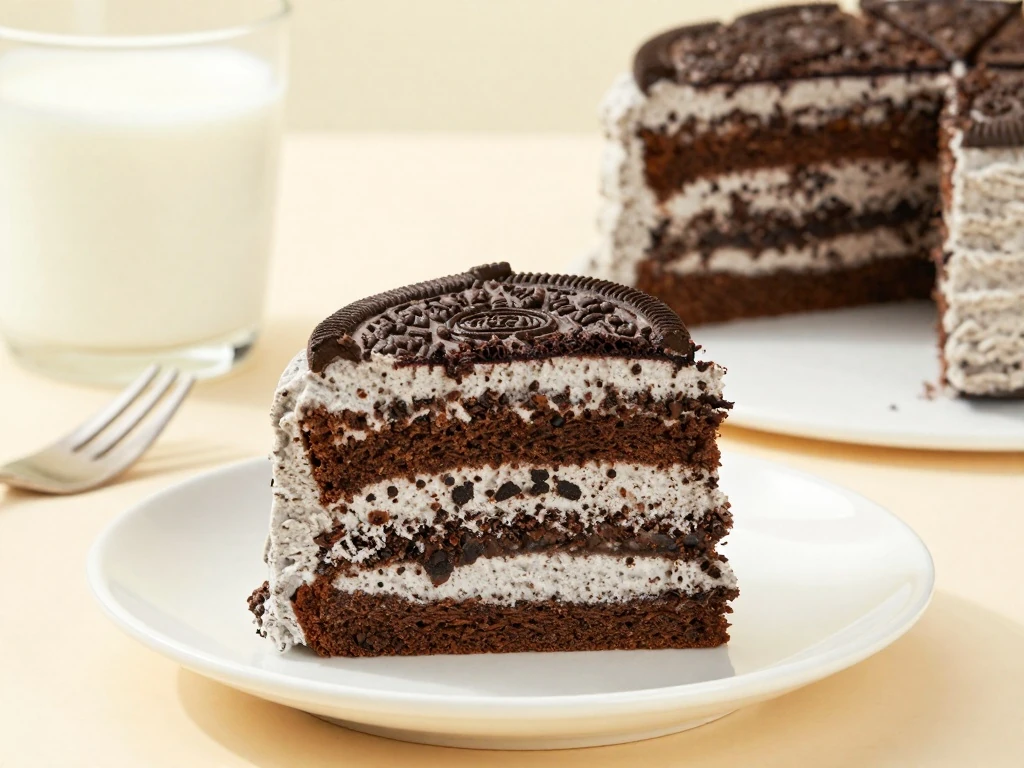 Slice of moist Oreo cake showing chocolate layers and cookie frosting