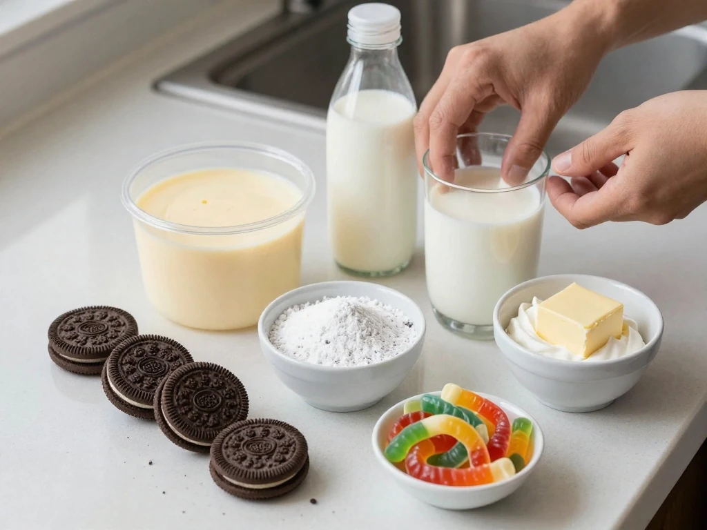 Ingredients for easy Oreo Dirt Cake arranged on a counter
