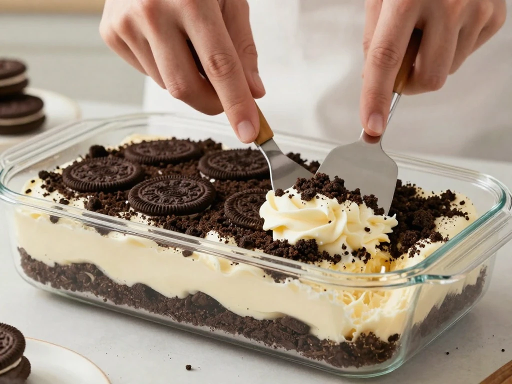 Layering crushed Oreos and pudding filling for dirt cake