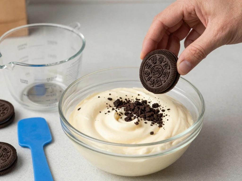 Oreo crumbs and creamy pudding filling prepared for dirt cake