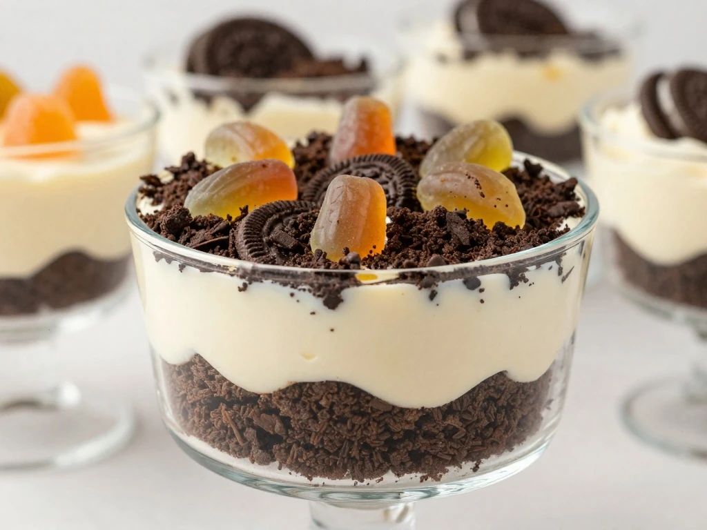 Finished Oreo Dirt Cake served in a glass dish with gummy worms