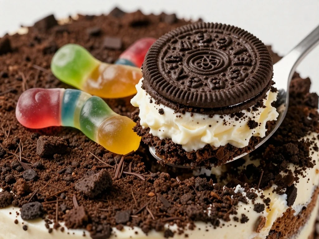 Close-up of Oreo Dirt Cake cookie crumb topping and gummy worm