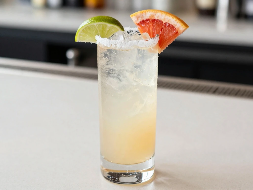 Refreshing Paloma cocktail with grapefruit soda, lime, ice, and a half-salted rim