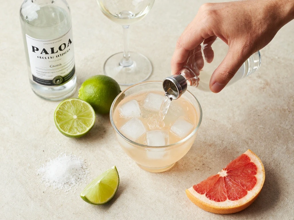 Ingredients for a Paloma cocktail including tequila, lime, grapefruit soda, ice, and salt