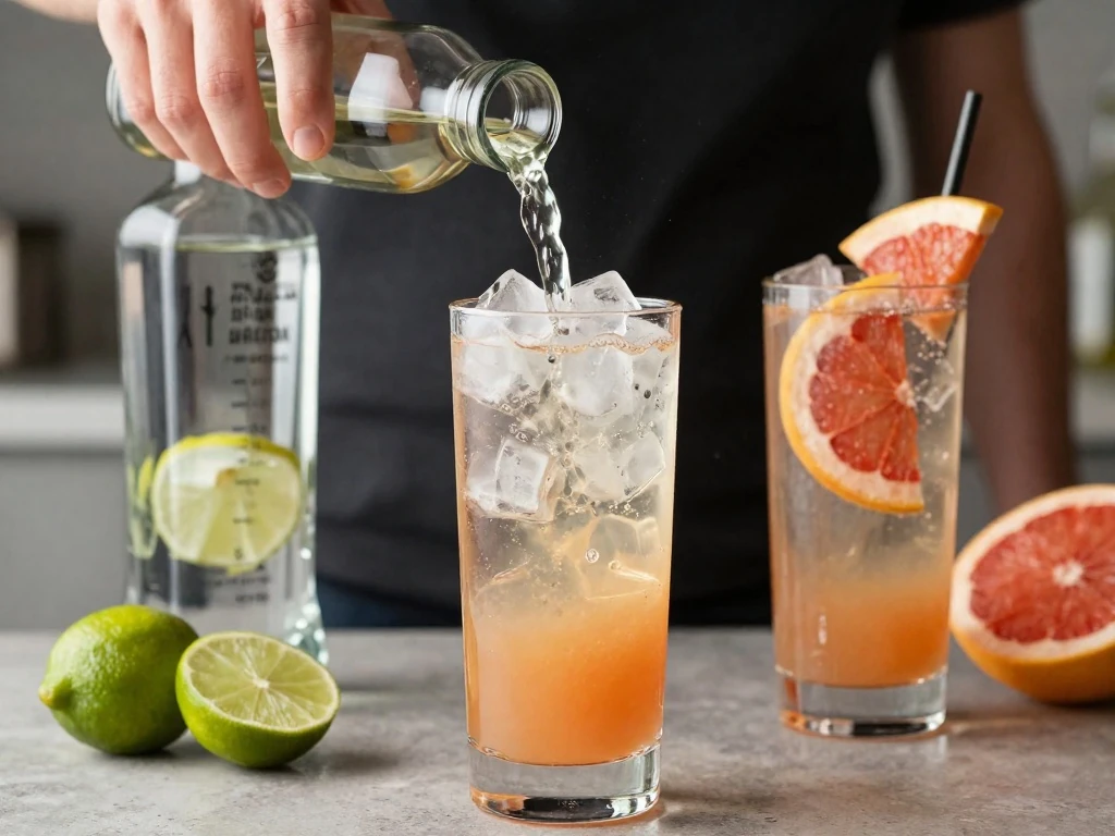 Paloma cocktail preparation with ice, tequila, lime juice, and grapefruit soda