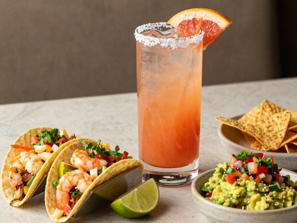Paloma cocktail served with shrimp tacos, salsa, guacamole, and tortilla chips