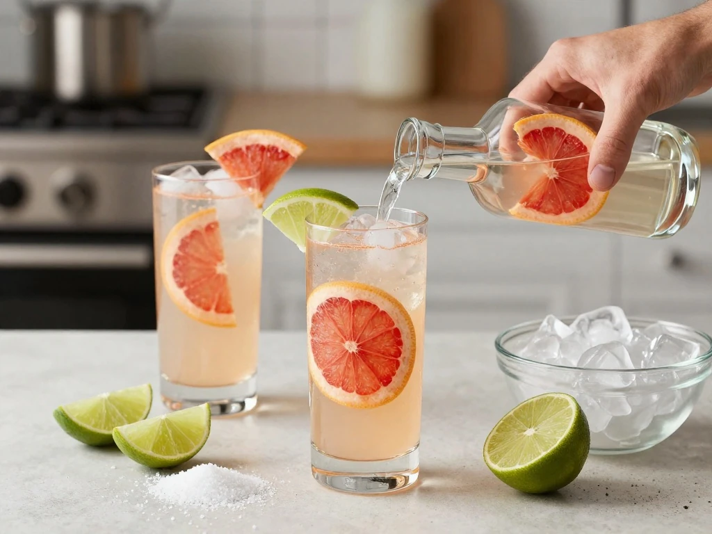 Make-ahead Paloma cocktail ingredients arranged for immediate assembly