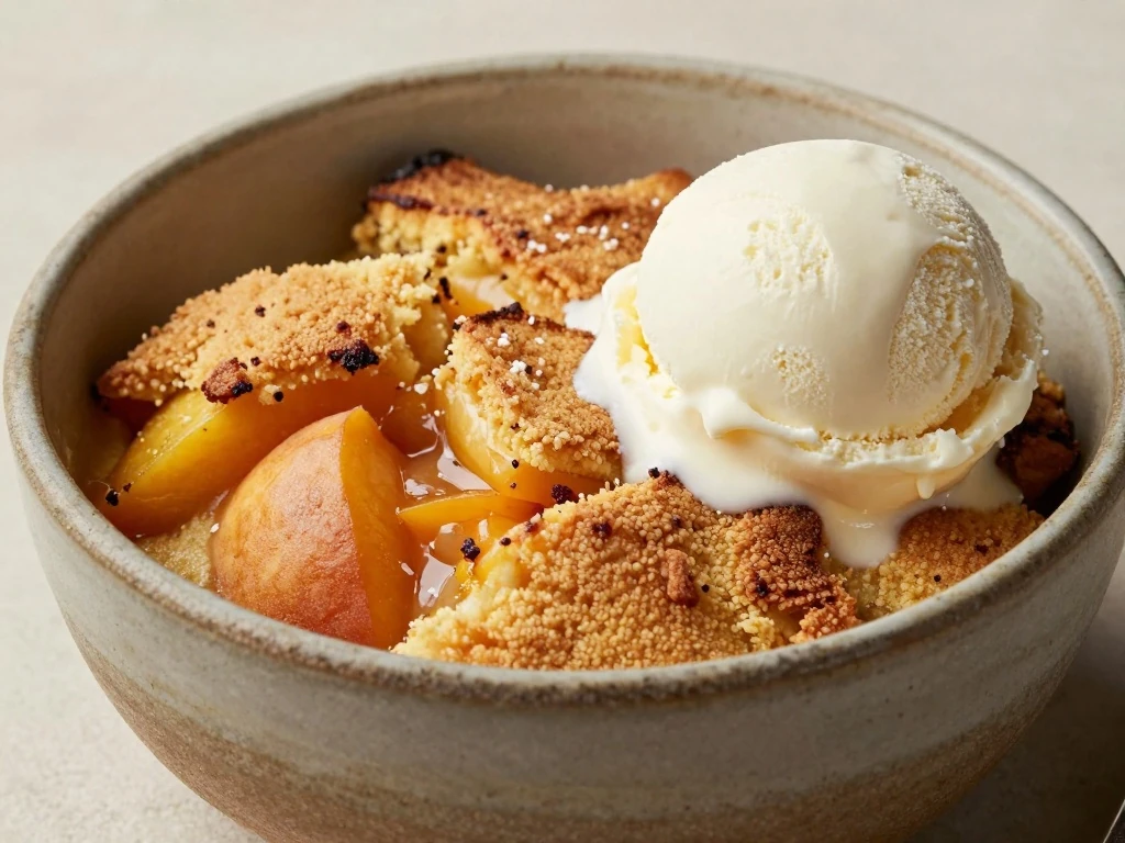 Warm peach cobbler cake mix dessert with vanilla ice cream