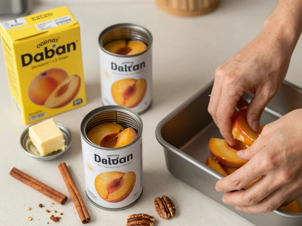 Ingredients for easy peach cobbler made with cake mix